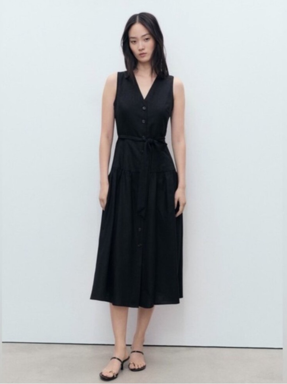 Mango Black Sleeveless Linen V-Neck Button-Front Midi Dress with Tie Waist